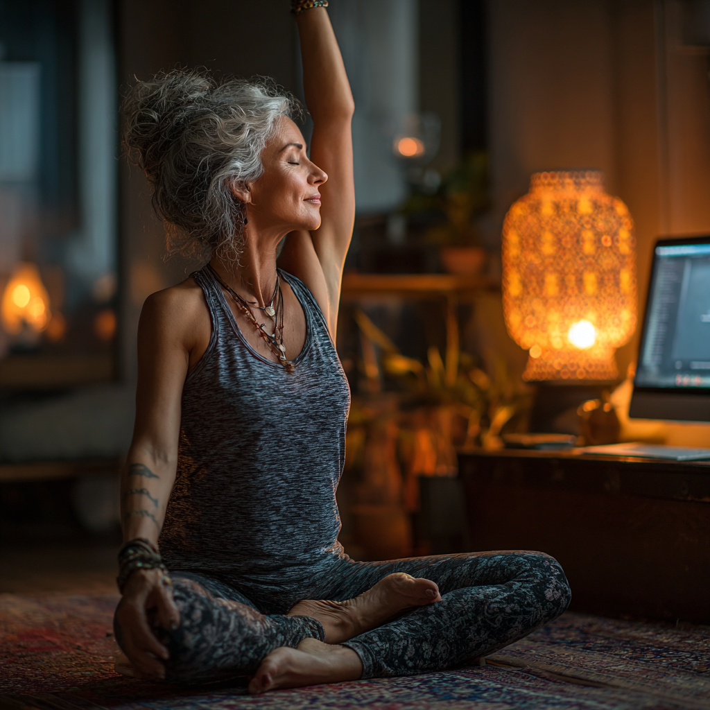 Жінка 52 років практикує йогу вдома перед комп'ютером під час онлайн заняття, демонструючи гнучкість та зосередженість
