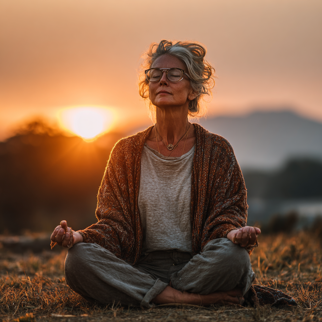 Жінка 55 років виконує асану лотоса в спокійній медитативній позі на природі, випромінюючи внутрішню гармонію та мудрість