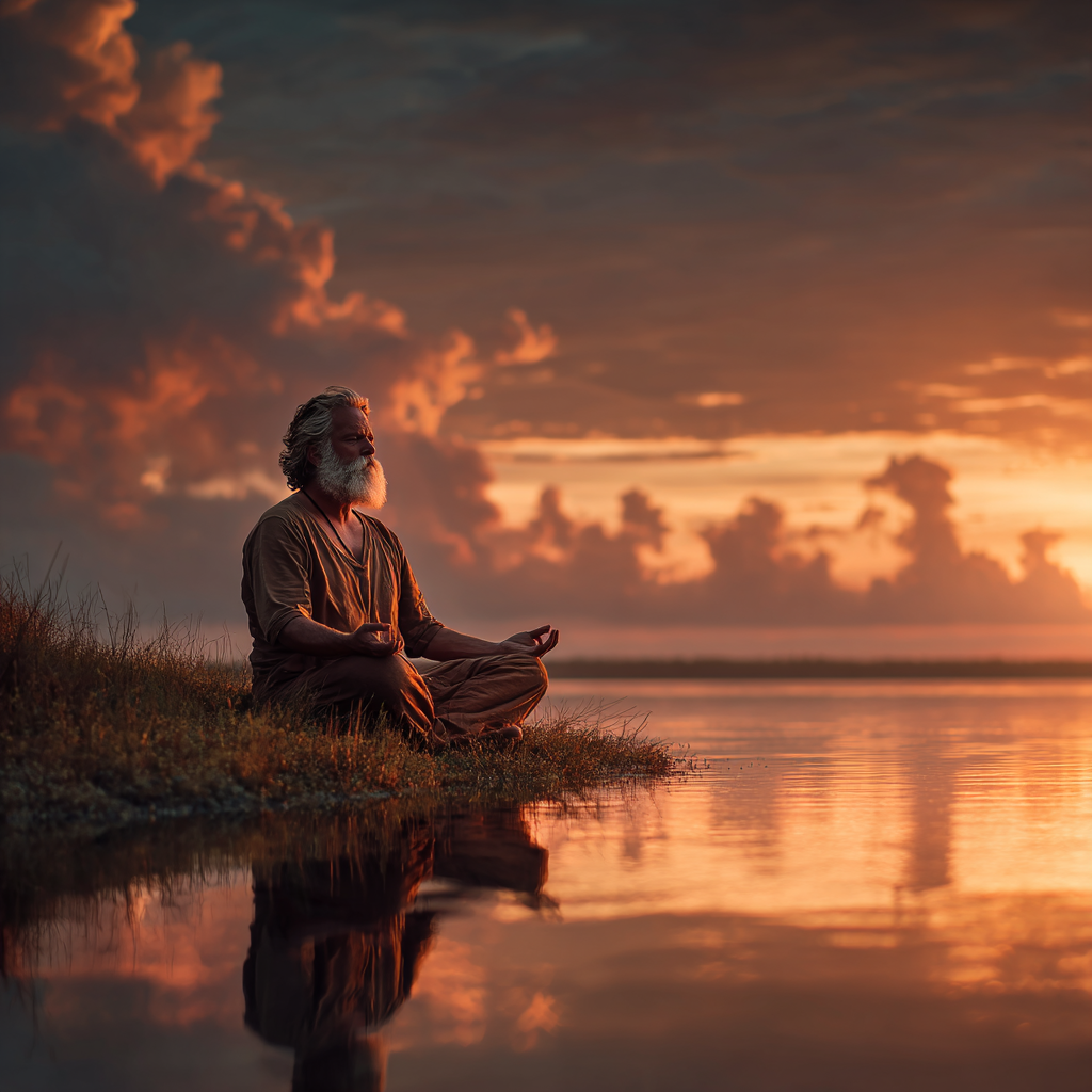 Чоловік 58 років медитує в позі лотоса біля озера на світанку, випромінюючи глибокий внутрішній спокій та мудрість